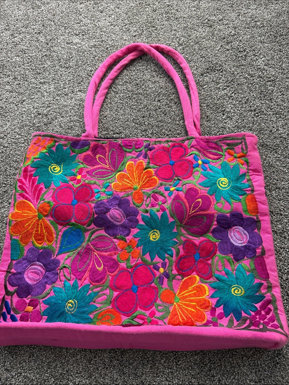 Pink Floral Embroidered Tote Bag with Multicolor Accents